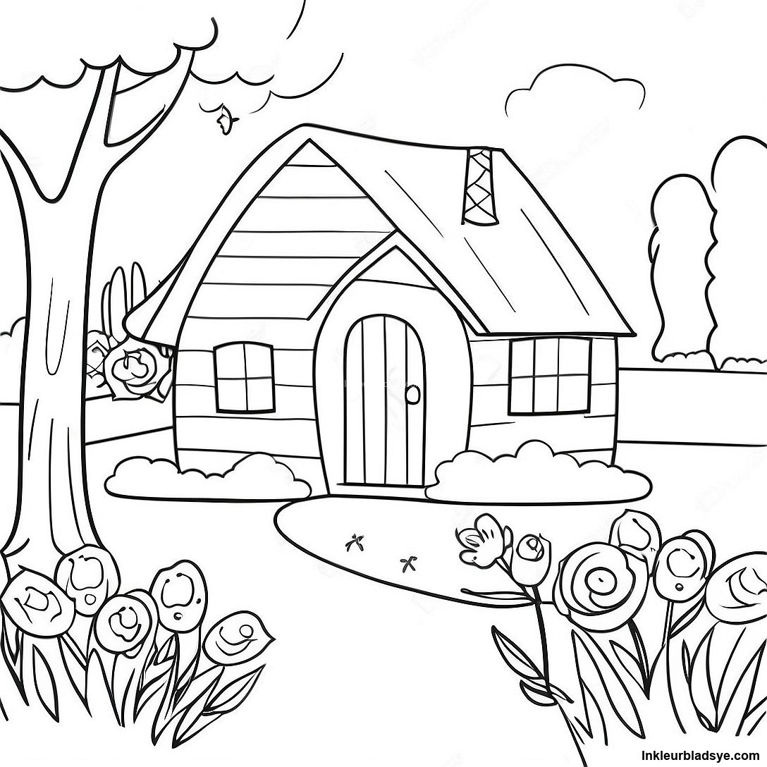 Gratis afdrukbare Charmante Cottagecore Toneel Met Blomme Inkleurblad inkleurblad uit die Verskeie-versameling — swart-en-wit omtrektekening vir kinders en volwassenes.